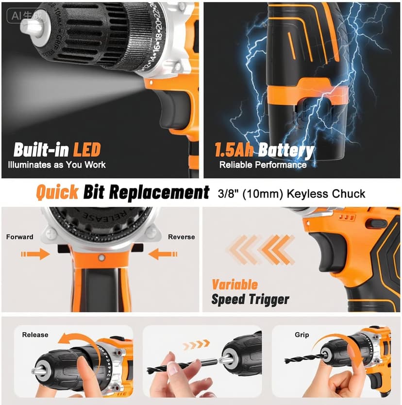 12V Cordless Electric Drill Driver Set, Powerful Lightweight Portable Rechargeable Screwdriver 65pcs Accessories,2-Speed, 24+1 Position for Wood/Wall Drilling & Screw Driving, Home DIY Tool woman man