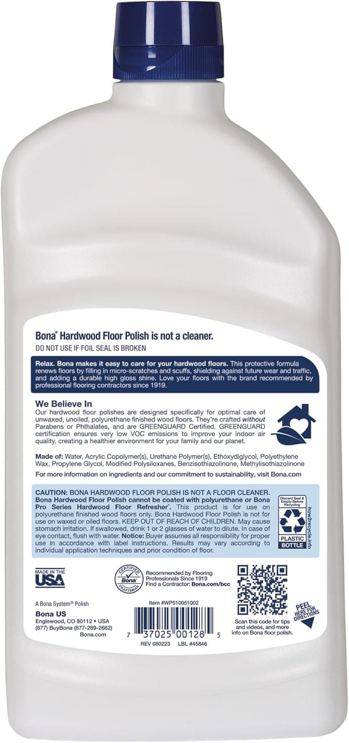 Bona Hardwood Floor Polish - 32 fl oz - High Gloss Shine - Polish for Wood Floors - Protects and Renews Dull Flooring - Covers 500 sq ft