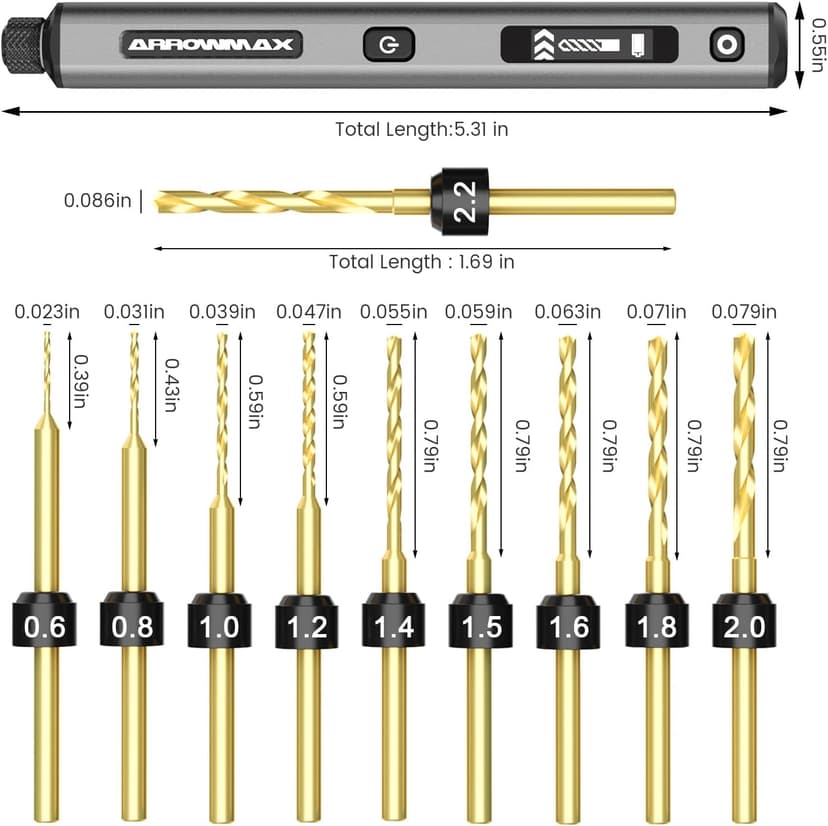 AM ARROWMAX Mini Drill Pen, 5-Speed, LED Lights, OLED Display, Aluminium Box, Resin Drill Set With 10 Small Bits, 3/32-Inch Shank, For Jewelry Making, Wood, Plastic