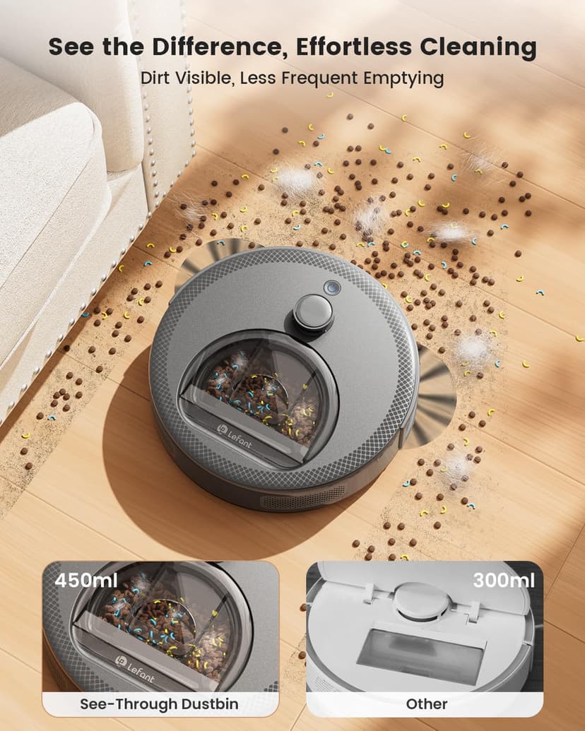 Lefant LiDAR Robot Vacuum and Mop, Upgraded 190° PSD Obstacle Avoidance, 5000Pa Strong Suction, Multi-Floor Mapping, 150 Mins Runtime, WiFi/Alexa/APP/Watch, Pet Hair & Carpets, M330 Pro Grey