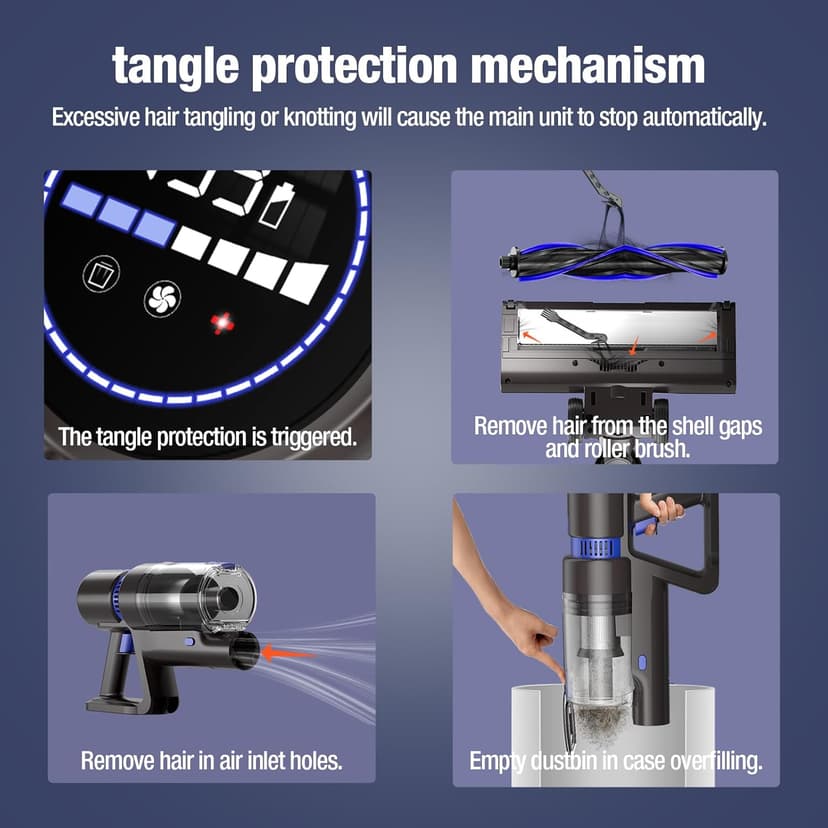 Cordless Vacuum Cleaner, 550W 45KPA 45Min Vacuum Cleaners for Home, Self-Standing Stick Vacuum with Touch Screen, 3 Power Modes, Rechargeable Battery, Handheld Vacuum for Pet Hair/Carpet/Floor