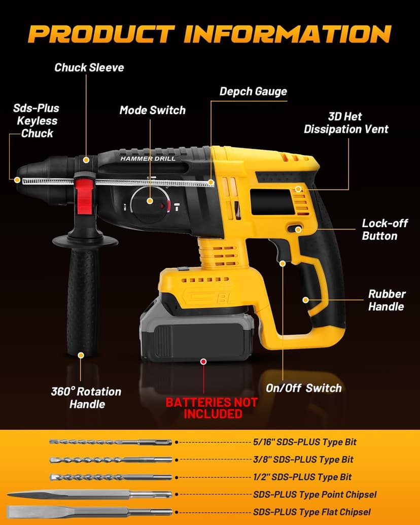 Cordless SDS Hammer Drill for Dewalt 20V MAX Battery, Brushless Rotary Hammer Drill with Safety Clutch for Concrete/Masonry (No Battery)