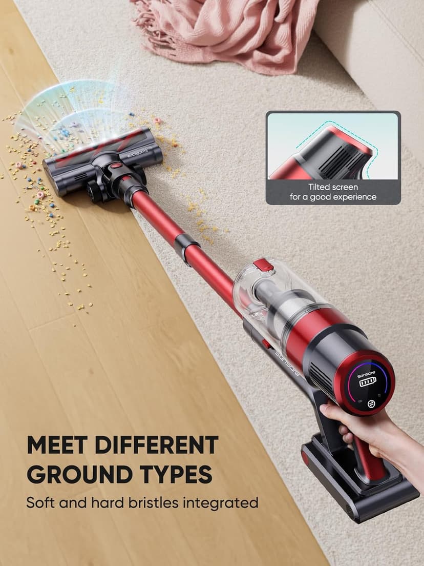 Cordless Vacuum Cleaner, 450W 40Kpa Stick Vacuum with Touch Screen, 55 Mins Runtime Rechargeable Vacuum, Lightweight Powerful Vacuum Cleaner for Home with 1.5L Cup for Pet Hair Carpet Hardwood Floor