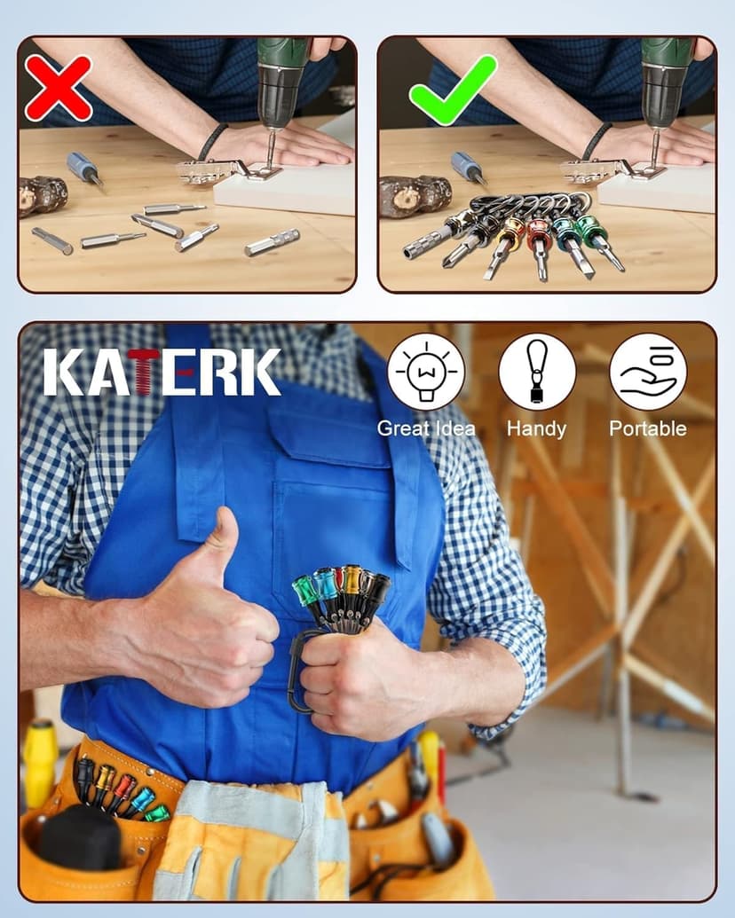 Push to Unlock,Katerk 6pcs 1/4 inch Hex Shank Aluminum Alloy Screwdriver Bit Holder Light-Weight Quick-Change Extension Bar Keychain Drill Screw Adapter Portable,Black Carabiner,Tool Gifts for Men