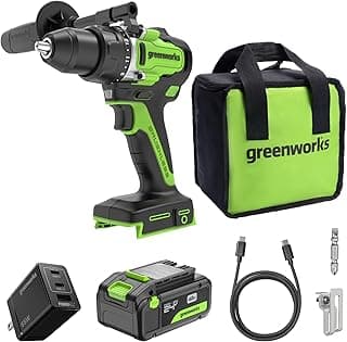 Greenworks 24V Cordless Brushless 800 in-lbs Drill/Driver, Professional Grade,21 Clutch, 4.0Ah USB-C Battery (24,000mAh Power Bank),65W USB-C Fast Charger(3-Port) and USB C to USB C Cable(3.3FT)