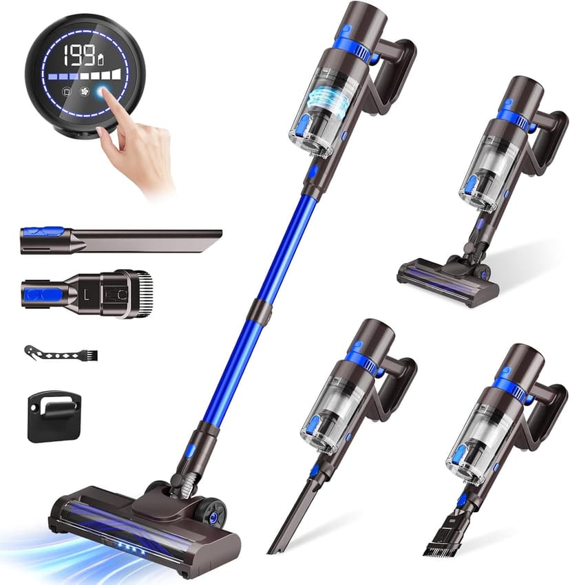 Cordless Vacuum Cleaner, 550W 45KPA 45Min Vacuum Cleaners for Home, Self-Standing Stick Vacuum with Touch Screen, 3 Power Modes, Rechargeable Battery, Handheld Vacuum for Pet Hair/Carpet/Floor