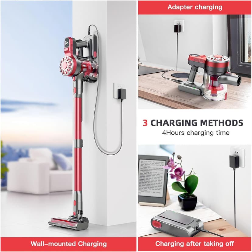 Cordless Vacuum Cleaner for Home with Powerful Suction,Lightweight Stick Vacuum Cordless Rechargeable with 35 Mins Runtime, Hardwood Floor Vacuum for Pet Hair,Carpet,Tile(Red)