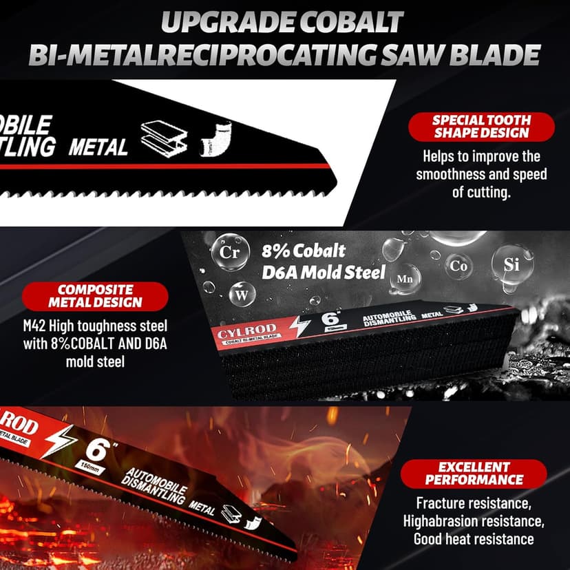 25 Pack 6 in 14/18 TPI Reciprocating Saw Blades for Sawzall Blades,M42 Steel Cobalt Bi-Metal Blades for Automobile Dismantling Metal Cutting,Replace for Milwaukee for Dewalt for Diablo Blade