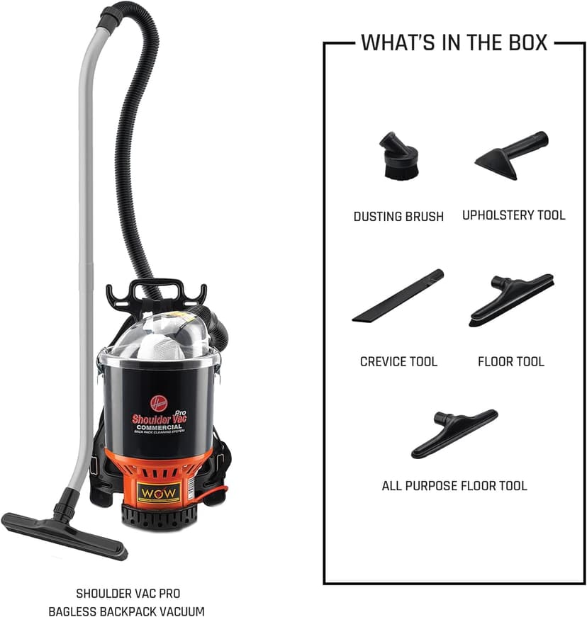 Hoover Commercial Shoulder Vac Pro Backpack Bagged Vacuum Cleaner, with HEPA Media Filter, Lightweight with Extra Long Cord, Chiropractic Design, for Carpet and Hard Floors, C2401, Black