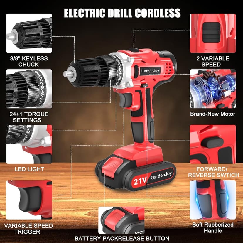 GardenJoy 20v Cordless Drill Set, Power Electric Kit Battery With Charger 30Nm 2-Speed 3/8" Keyless Chuck 24+1 Torque Drill Driver screwdriver Bits with LED Electric Work Light for Women DIY