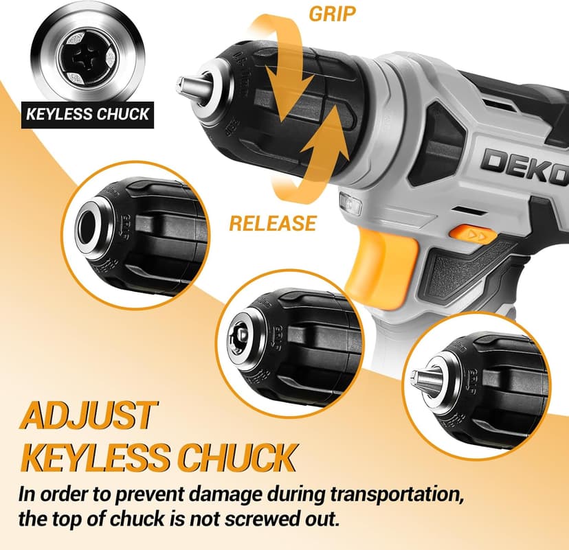 DEKOPRO 8V Cordless Drill, Drill Set with 3/8"Keyless Chuck, 42pcs Acessories, Built-in LED, Type-C Charge Cable, Gray Power Drill for Drilling and Tightening/Loosening Screws