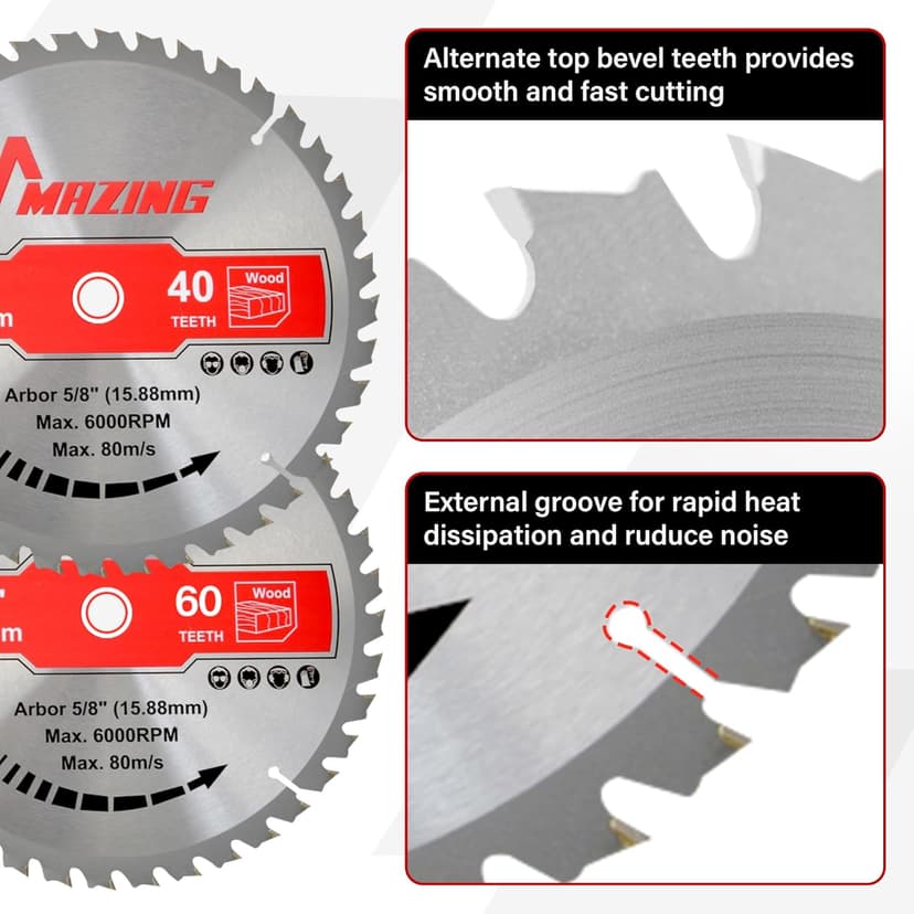 MAZING 3-Piece 7-1/4 Inch 24T&40T&60T Circular Saw Blades, 7.25 Inch TCT Compact Saws Blades with 5/8" Arbor, ATB Design for Precision Woodworking, Fit for Plywood, Soft & Hardwood, Wood with Nails