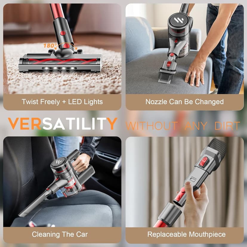 Cordless Vacuum Cleaner,Vacuum Cleaners for Home with Super Suction,Stick Vacuum Cleaner Rechargeable Up to 35 Mins Runtime,Lightweight Hardwood Floor Vacuum for Pet Hair,Carpet(Deep Red)