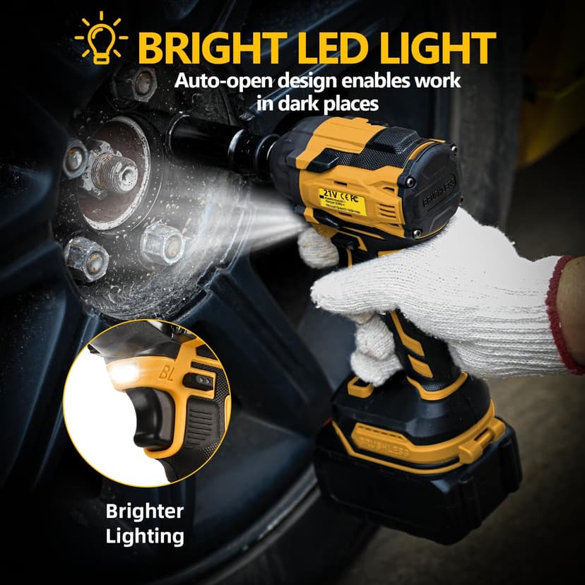 Cordless Impact Wrench, 21V Torque Power Impact Driver, 1/2" Power Impact Wrenches with 2 * 2.0Ah Batteries with 19 Accessories, Electric Impact Motor Variable Speeds for home installation (Yellow)