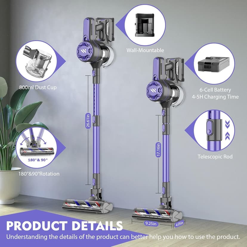 Cordless Vacuum Cleaners for Home with Powerful Suction,Stick Vacuum Cordless Rechargeable,Up to 35 Mins Runtime,Lightweight Hardwood Floor Vacuum for Pet Hair,Carpet(Dark Purple)