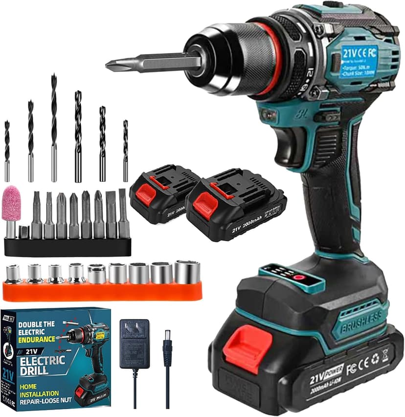 21V Cordless Power Drill/Driver Set, Electric Power Drill Set with 2 Battery & Charger, 3/8” Keyless Chuck, 2 Variable Speed, 28-Piece Kit Power Drill Drivers for Home Use
