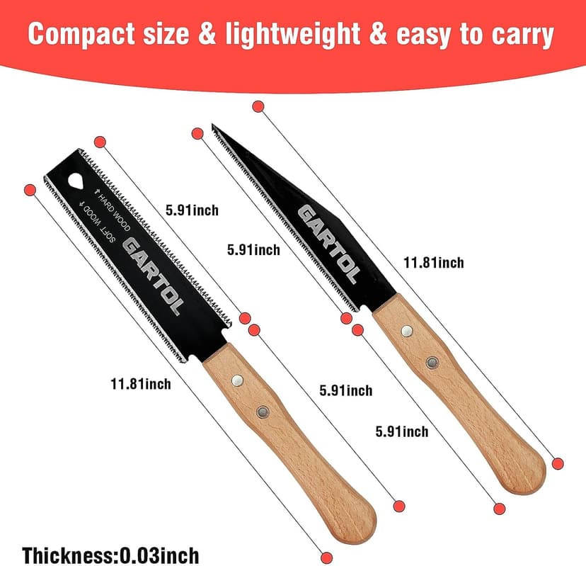 GARTOL Hand Saw for Wood Cutting, 2-Piece Japanese Pull Saw with 6-Inch Flush Cut & Double-Edged SK5 Flexible Blade & Wooden Handle, Precision Woodworking Tools for DIY, Crafting, Carpentry, Trim Work