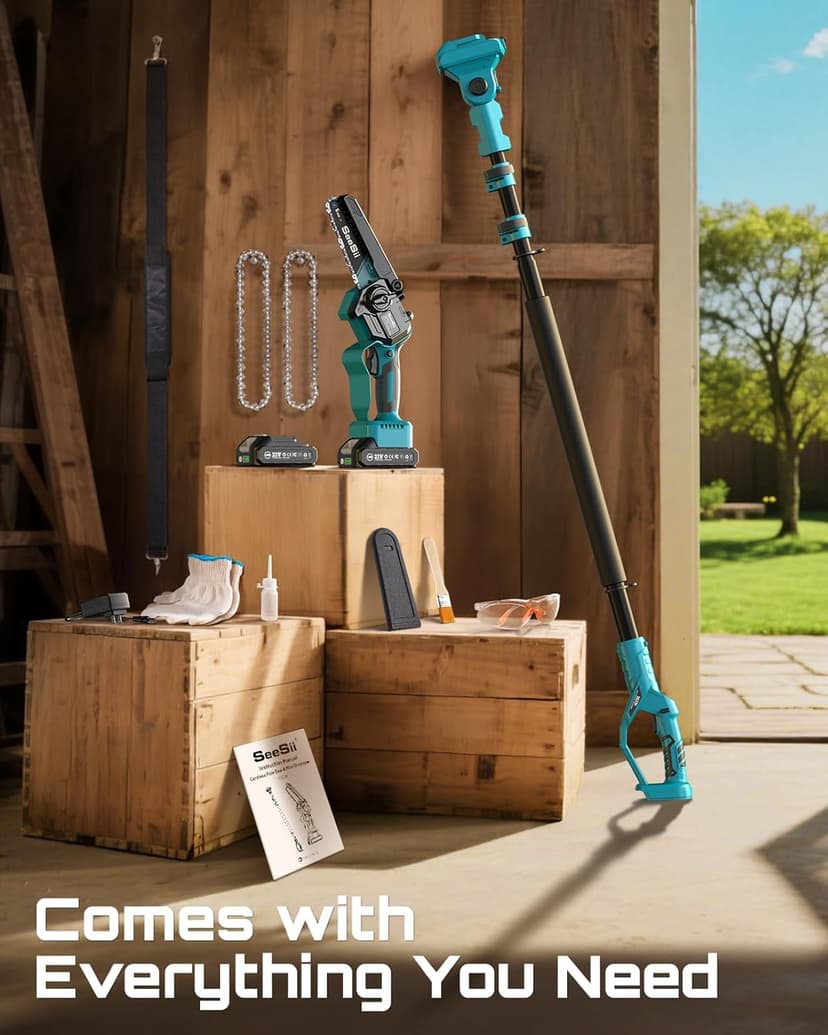 SEESII 2-in-1 Electric Pole Saws for Tree Trimming, 6 Inch Mini Chainsaw Cordless with Extension Pole, Battery Powered Pole Chain Saw, Tree Trimmer Limb Branch Cutter Pruner with 2 Battery PS600