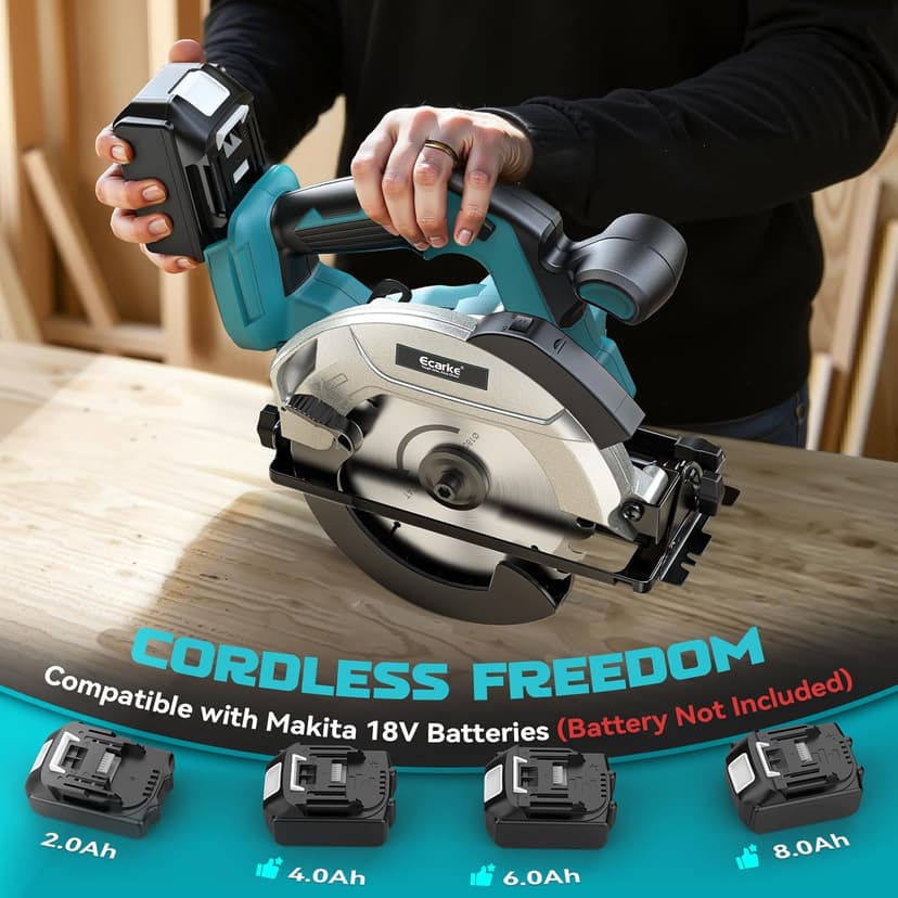 Ecarke Cordless Circular Saw 7-1/4" Compatible with Makita 18v Battery, 5000RPM Electric Circular Saw with Laser Guide, 2 Blades(24T & 40T), 0-45° Bevel Cutting, Max 2-1/4" Depth for Wood(Tool Only)