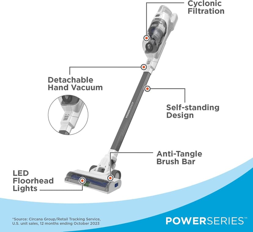 BLACK+DECKER POWERSERIES+ 16V MAX Cordless Stick Vacuum with LED Floor Lights, Lightweight, Multi-Surface, White (BHFEA420J)