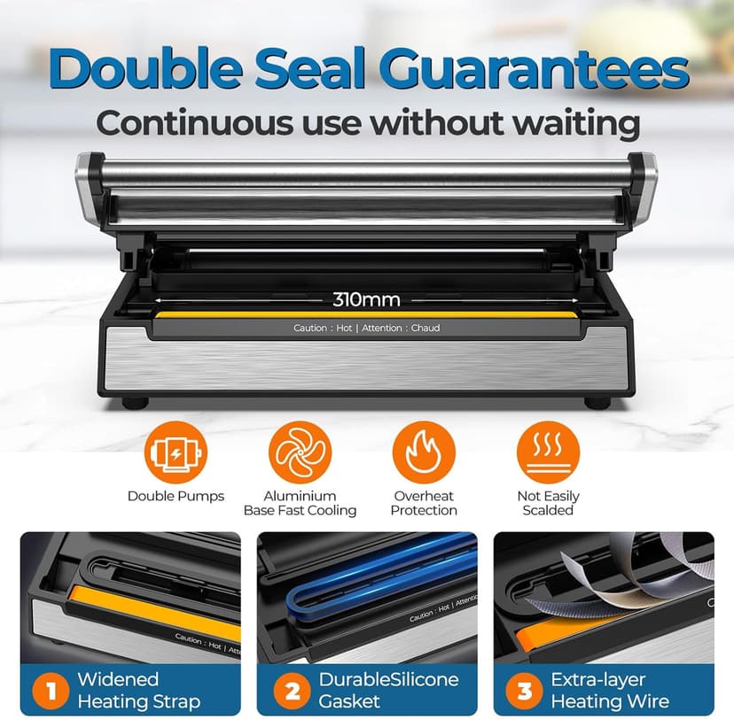 90Kpa Food Vacuum Sealer, Stainless Steel Vacuum Sealer Machine for Food with Double Heat Seal & Double Pump, Food Sealer Dry/Moist/Liquid Modes, Roll Storage and Cutter, Easy-Lock Handle and Clean