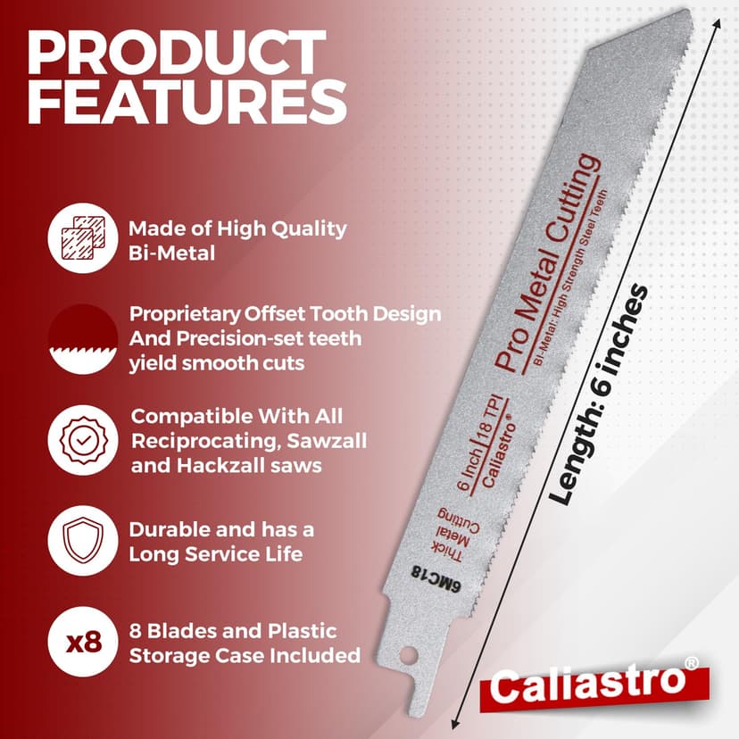 6-Inch Thick Metal Cutting Reciprocating Saw Blades (18 TPI) Made of Long Lasting Bi-Metal (HSS Teeth Bonded to HCS Body) - 8 Pack - Caliastro