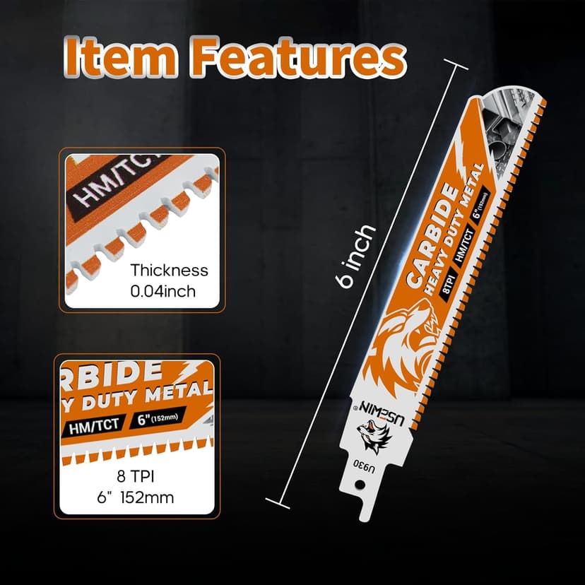 3 Pack Carbide Reciprocating Saw Blades, 6 Inch 8 TPI Metal Blades, Pruning Blade for Reciprocating Saw for Thick Metal, Cast Iron, Alloy Steel