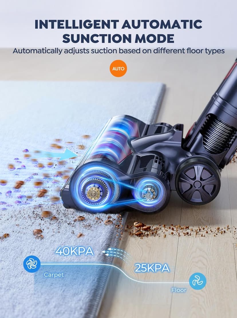 Cordless Vacuum Cleaner, 2 Batteries 110 Mins Runtime Vacuum Cleaners for Home, 40KPA 450W Stick Vacuum with Brushless Motor, Automatically Adjust Suction, Handheld Vacuum for Pet Hair/Carpet/Floor