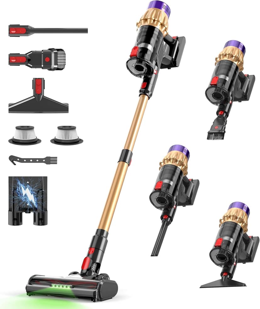 Cordless Vacuum Cleaner, Upgraded 550W 50KPA 60Mins, Vacuum Cleaners for Home, Self-Standing Cordless Vacuum with Brushless Motor, Green Dust Revealing Lamp for Sofa/Pet Hair/Hard Floors/Carpet