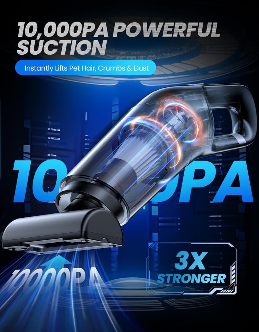 Cordless Vacuum Handheld, Car Vacuum Cleaner Portable for Pet Hair Small Household Vacuums with Powerful 10000pa Strong Suction Rechargeable for Car Home Couch Floor Cleaning Black