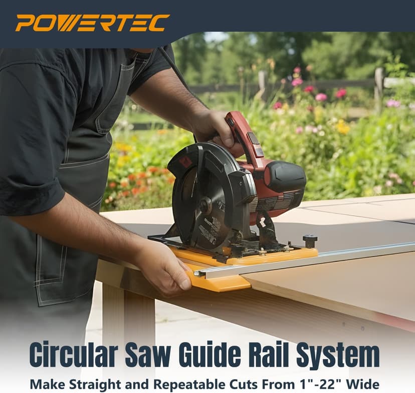 POWERTEC Circular Saw Guide Rail System – Rip-Cut Edge Guide Track for Straight Cuts in Plywood, Sheet Goods & Panels – Fits Left & Right Circular Saws – Portable Cutting Jig for Woodworking (72093)