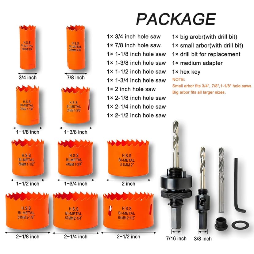 Hole Saw Kit Bi Metal with Case, General Purpose Size from 3/4'' to 2-1/2'', Hole Saw Set for Metal, Wood and Plastic, with Clean and Smooth Cutting Edge, Fast Chip Removal.
