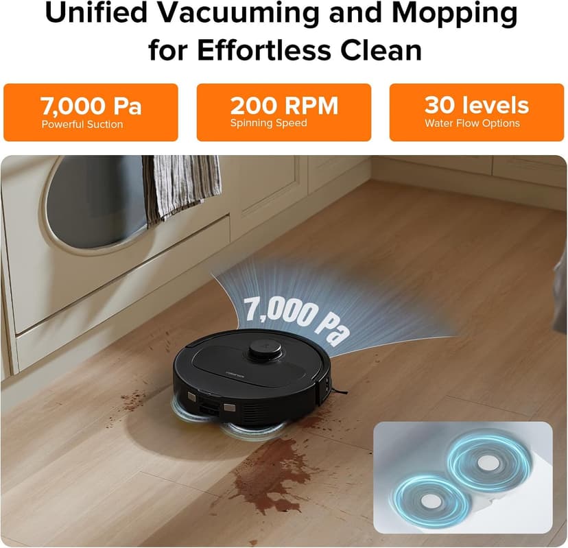 roborock Qrevo Plus Robot Vacuum and Mop with FlexiArm Design Edge Mopping, Self-Emptying, 10 mm Liftable Mops, Auto Mop Washing & Drying, Reactive Tech Obstacle Avoidance, 7,000 Pa Suction, Black