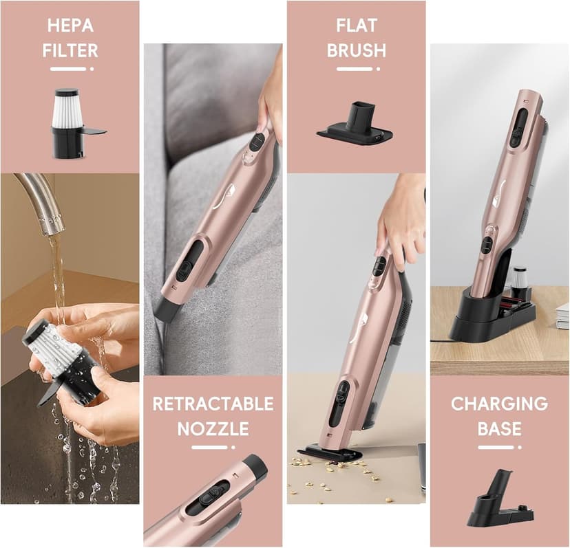 Cordless Handheld Vacuum, Lightweight Portable Hand Vacuum Cleaner with LED Light,Rechargeable Hand Held Vacuum with Charging Dock, Powerful Suction for Office, Home,Car, Rose Gold