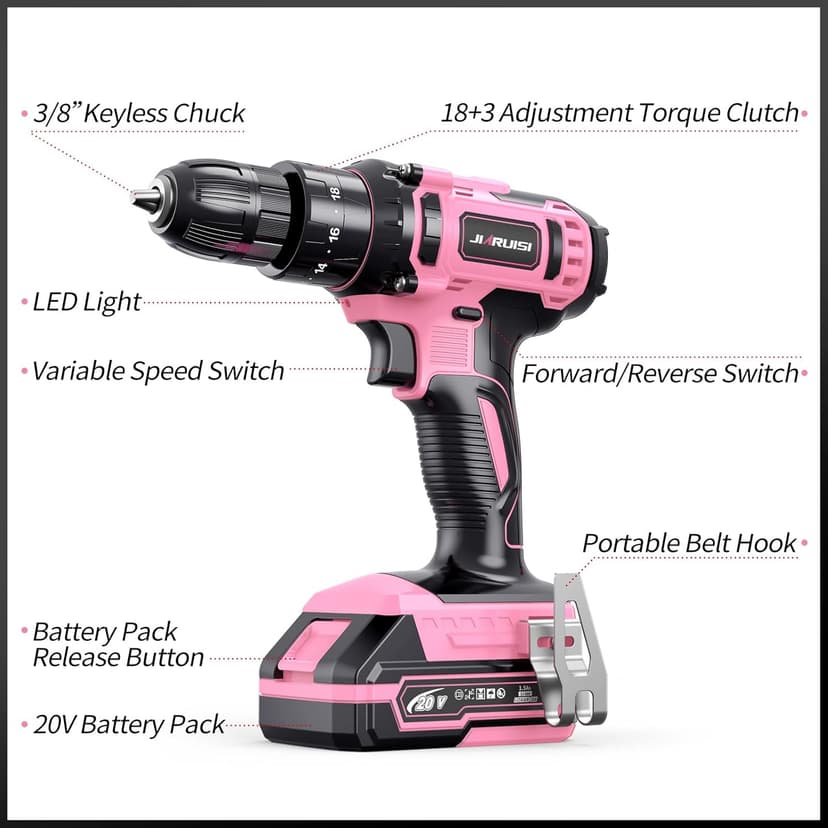 20V Cordless Drill, Electric Power Drill Set with Battery Charger, 3/8” Keyless Chuck, 2 Variable Speed, 18+3 Torque, 72pcs Driver Bits and Belt Hook, Pink