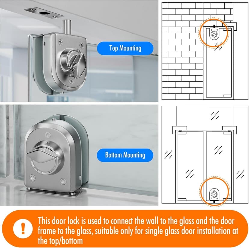 Ranbo Frameless Glass Door Floor Lock, Clamp-On No-Drill, 304 Stainless Steel, Fits 3/8"–1/2" (10–12 mm) Swing/Sliding Doors — Ideal for Office, Entrance,Storefront,Top or Bottom Mount,Brushed Nickel