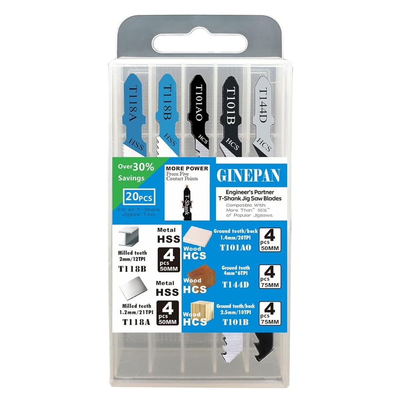 20PCS T Shank Jigsaw Blades Tool for Wood Plastic Metal Compatible with 90% Power Jig Saws Such as Bosch DEWALT RYOBI One+ Makita SKIL Black+Decker Includes 4 Each of T101B T101AO T144D T118A & T118B