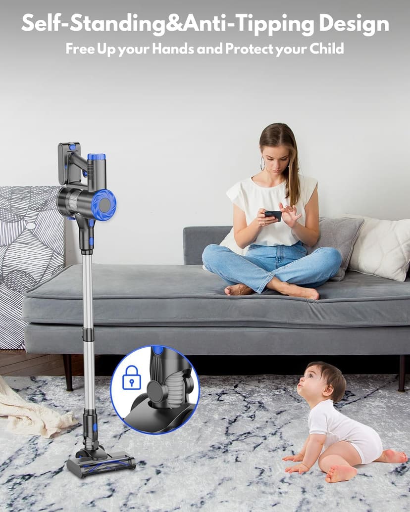 Cordless Vacuum Cleaner, Super Power Suction Stick Vacuum Cleaners with 2200 mAh Battery,8-in-1 Lightweight Self-Standing, 35 Mins Runtime for Home Hard Floor Low-Pile Carpet Pet Hair