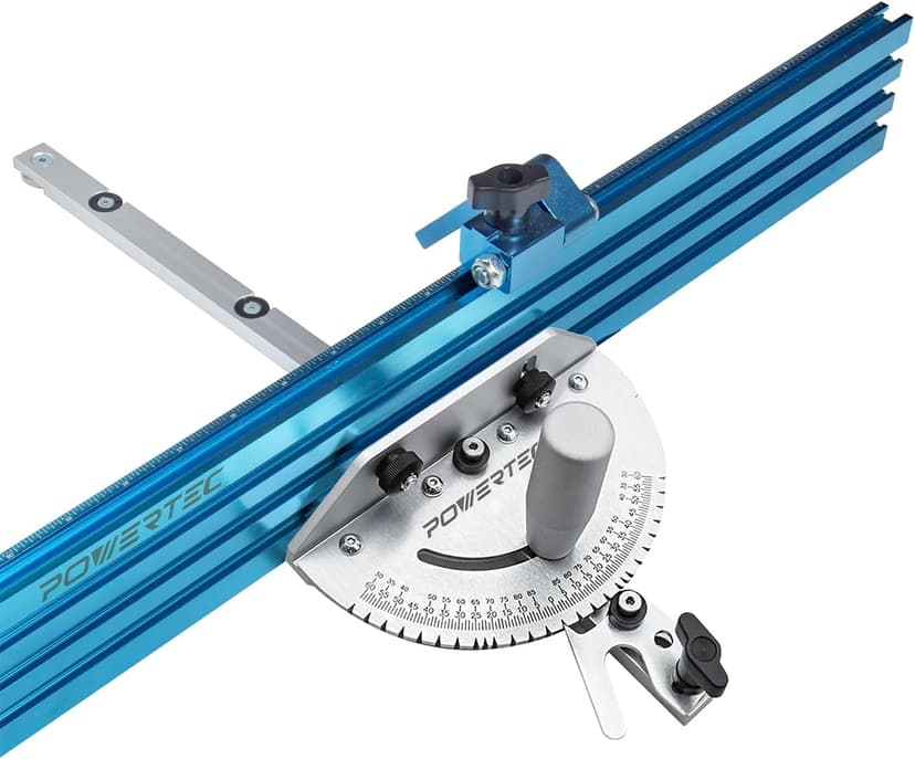POWERTEC 71391 Table Saw Precision Miter Gauge System w/ 27 Angle Stops and 3/4”x 3/8”T-Slotted Miter Bar w/Removable T-Slot Plate; Includes 24”x 3” Multi T–Track Fence w/Scale, T-track Flip Stop