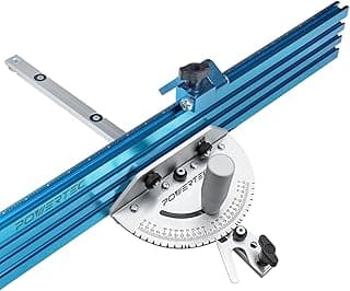 POWERTEC Precision Table Saw Miter Gauge System w/ 27 Angle Stops and 3/4" x 3/8" T-Slotted Miter Bar w/Removable T-Slot Plate, Includes 24" x 3" Multi T–Track Fence w/Scale, T-track Flip Stop, 71391V