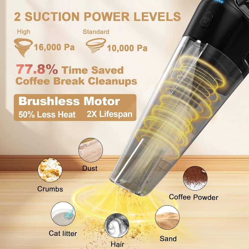 Handheld Vacuum Cordless Rechargeable with Charging Dock - 16000Pa Ultra-Strong Suction, Portable & Lightweight, Fast Charging, LED Light, 0.8L Super-large Dust Cup, Long Battery Life for Home