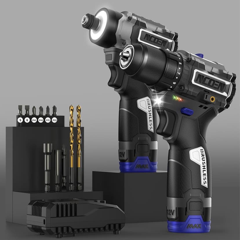 12V Cordless Drill and Impact Driver Power Tool Kits Combinados with 2 Batteries and Fast Charger (3/8"Drill & 1/4"Hex Impact Driver) for Home Installation,DIY tools