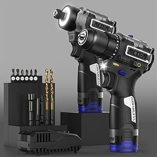 12V Cordless Drill and Impact Driver Power Tool Kits Combinados with 2 Batteries and Fast Charger (3/8"Drill & 1/4"Hex Impact Driver) for Home Installation,DIY tools