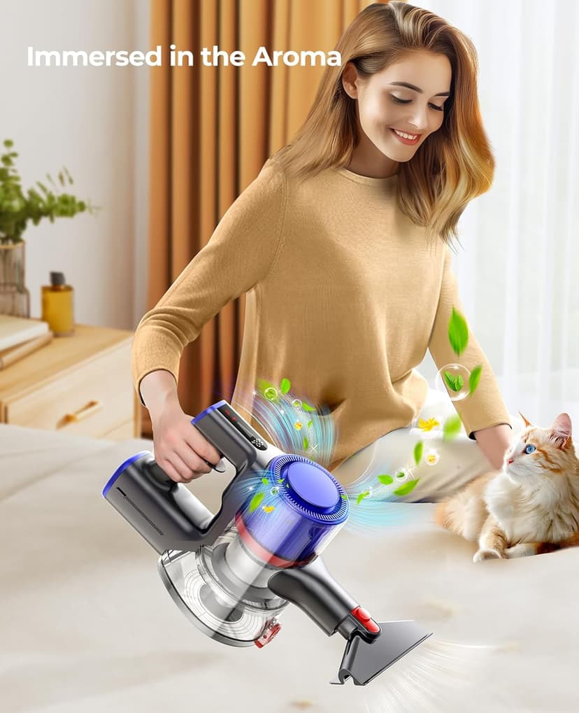 Cordless Vacuum Cleaner, 45Kpa 550W 60Mins Vacuum Cleaners for Home, Self-Standing Stick Vacuum Cleaner with Wall Mount Charging, Scented Card, for Furniture, Carpet, Pet Hair, Hard Floor