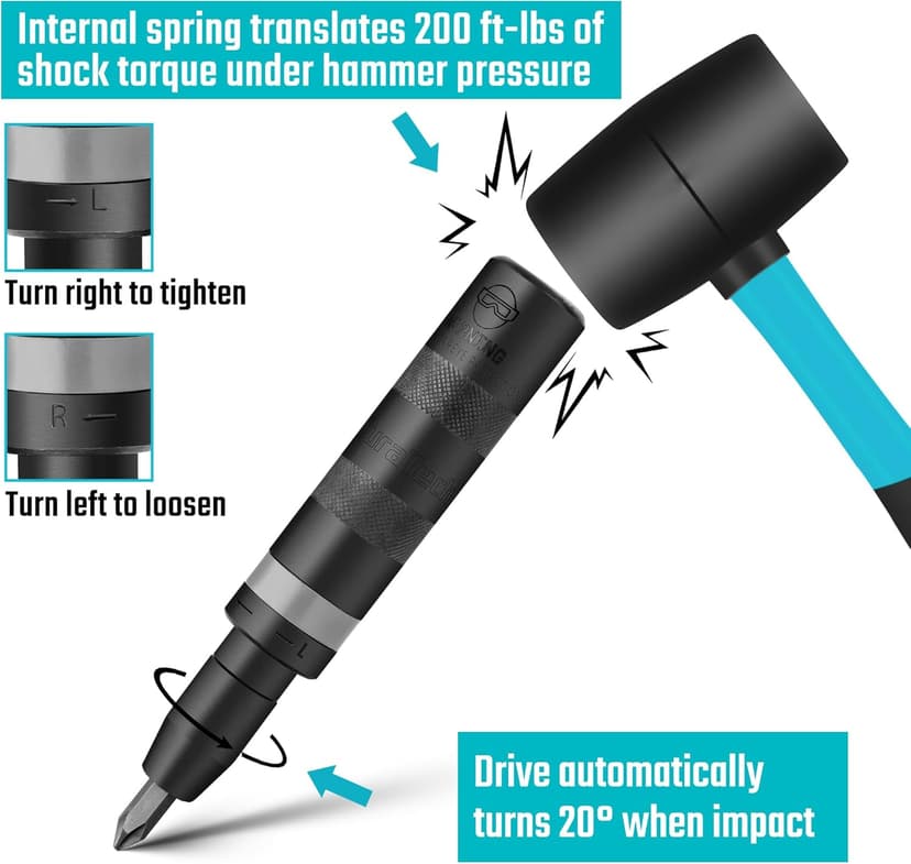 DURATECH 3/8 Inch Drive Manual Impact Driver, Reversible Hand Screwdriver Set, with S2 Steel Bits, 5-Piece, for Tighten/Rusted Fasteners, Organized in Storage Case