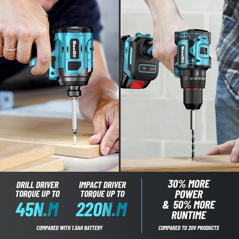 SEESII 21V Max Cordless Drill and Impact Driver, Power Tool Combo Kit Included 3/8'' Drill & 1/4'' Impact Driver, 2x 4000mAh Battery, Fast Charger, 20 pcs Driver Bit Set & Bag