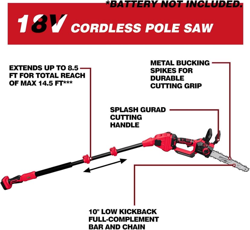 2-IN-1 Cordless 10-Inch Pole Saw And Chainsaw Compatible with Milwaukee M18 18V Battery, Total Reach of Max 15ft, Auto Oiling, Electric Pole Saw for Tree Trimming Pruning (Battery NOT Included)