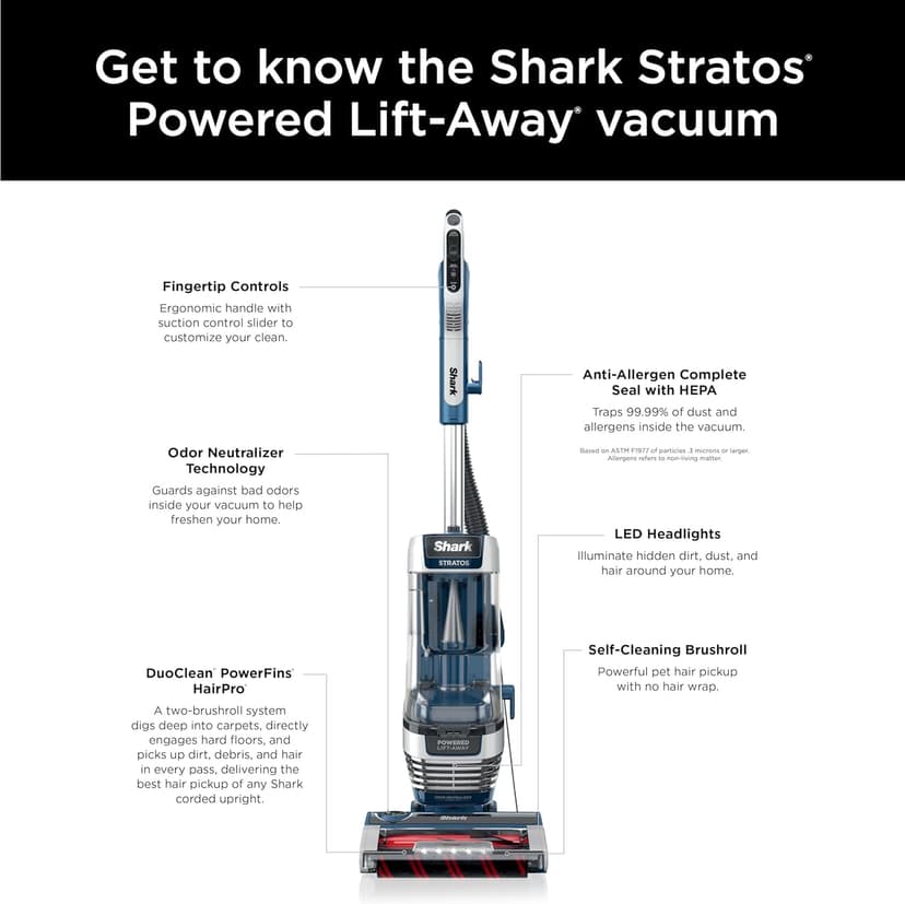 Shark Upright Vacuum, Stratos with DuoClean PowerFins, HairPro, Powered Lift-Away, Self-Cleaning Brushroll, & Odor Neutralizer Technology, Navy, AZ3002
