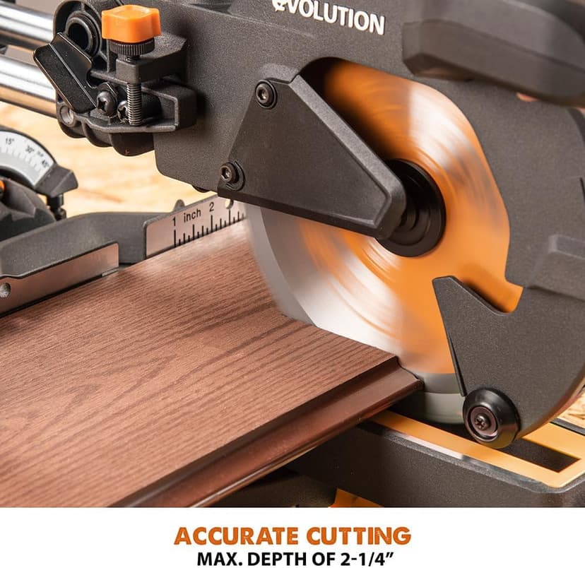 Evolution Power Tools R185SMS+ Sliding Miter Saw with Multi-Material Cutting, 45 Degree Bevel, 50 Degree Miter, 210 mm Slide, Blade Included Cuts Wood Plastic Metal & More, 7-1/4"