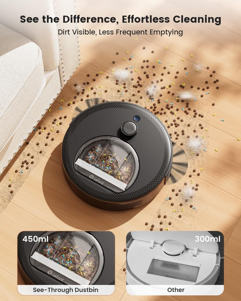 Lefant LiDAR Robot Vacuum and Mop, 450ml Visible Dustbin, Upgraded 190° PSD Obstacle Avoidance, Customized Cleaning, Multi-Floor Mapping, 150 Mins Runtime, 2.4&5G WiFi, Pet Hair & Carpets, M330 Pro